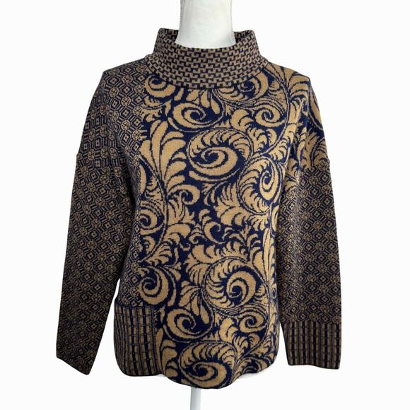 Beyond Threads Sweater Small 100% Baby Alpaca Brown Navy Scroll‎ Knit Pullover - Picture 1 of 10